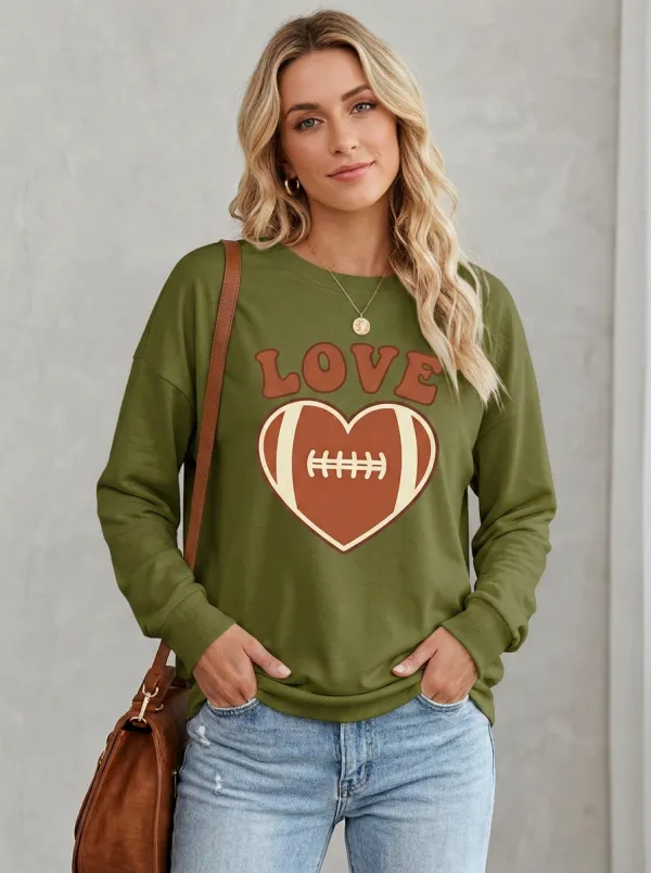 Women's Statement Gridiron Heart Ball Love Crewneck Long Sleeve T-Shirt