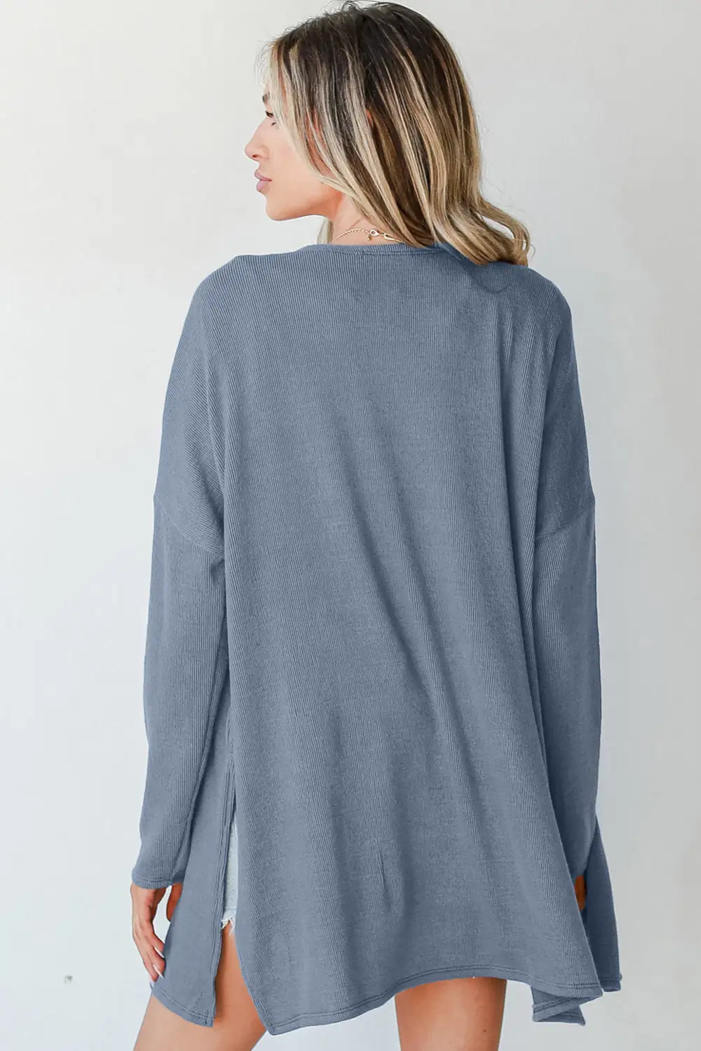 Solid Rib Knit Open Front Tunic Cardigan