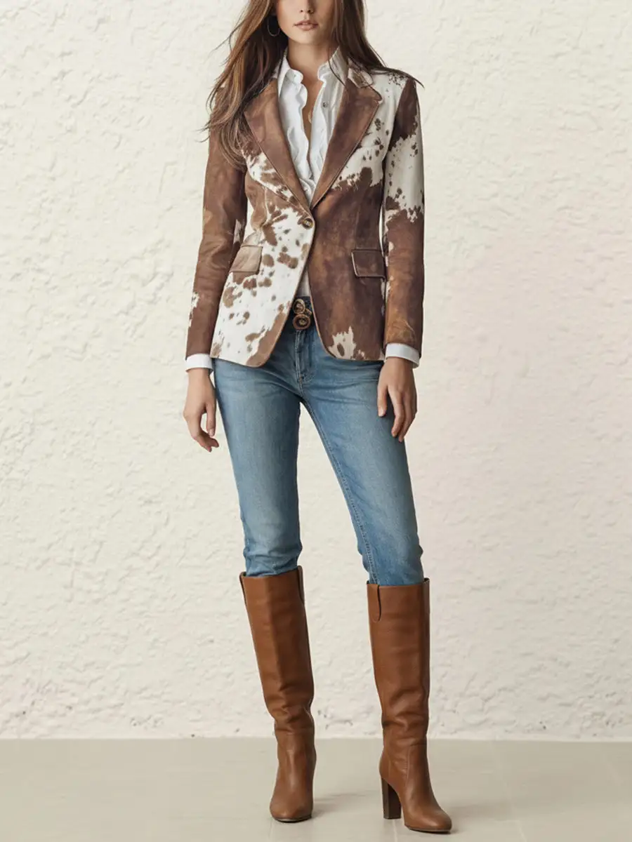 Long Sleeve Button Front Contrast Color Pocket Printed Blazer