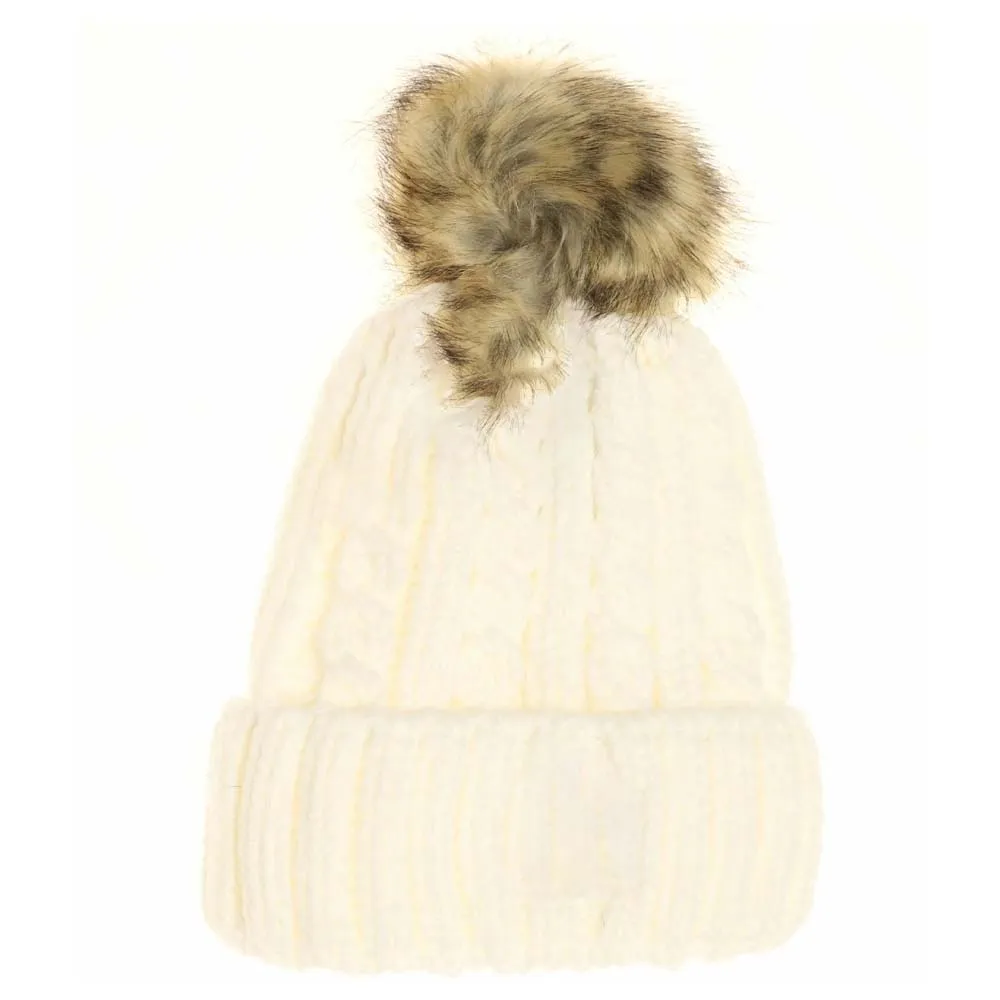 Cable Ribbed Fur Pom Beanie