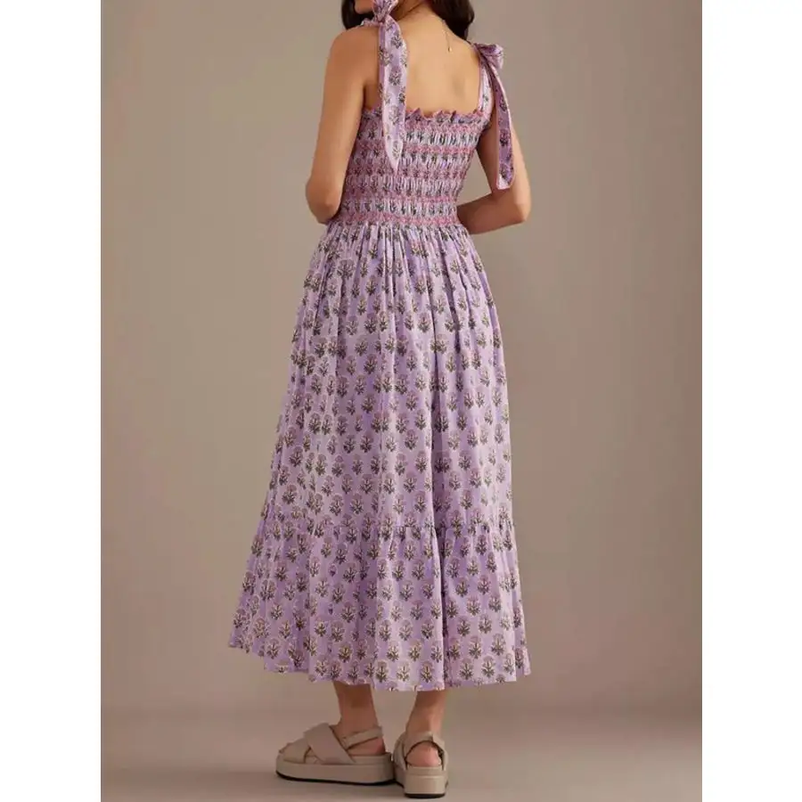 Smocked Tie-Shoulder Midi Dress
