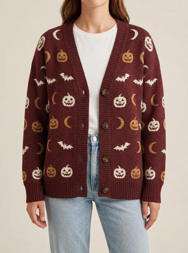 Women's Halloween Pumpkin Bat Moon Pattern Knitted Cardigan
