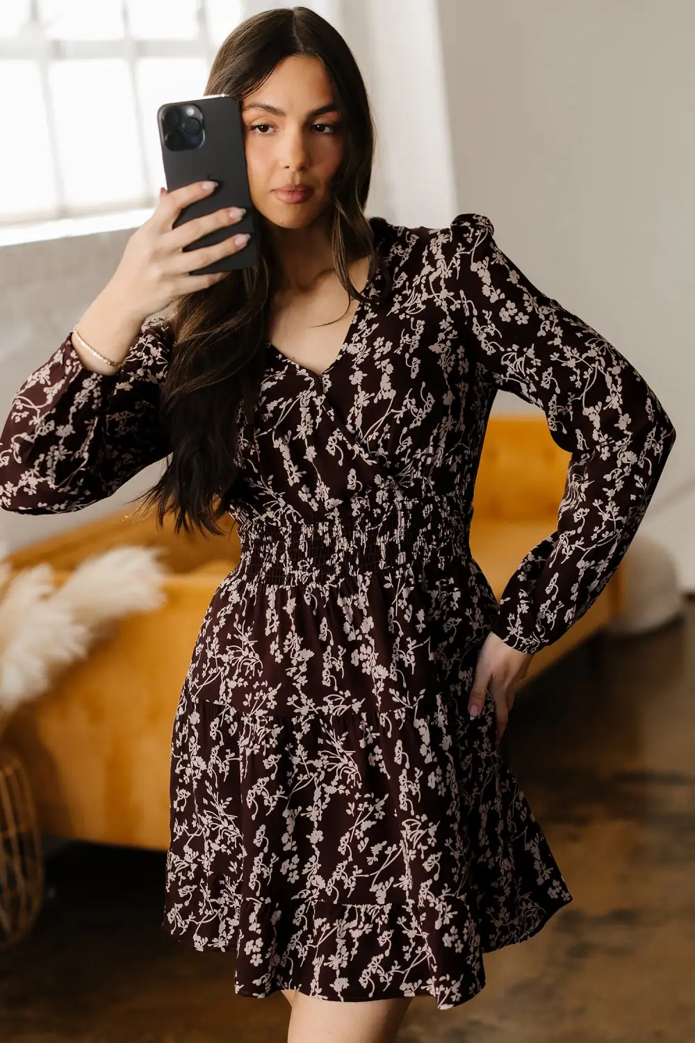 Lightweight Feel Floral Printed Split Neck Mini Dress