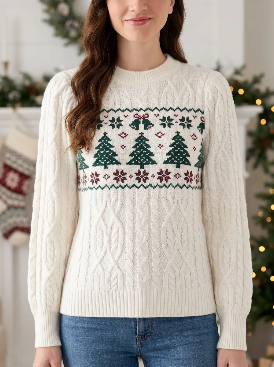 Christmas Holiday Tree Bell Pattern Print Cable Knit Sweater