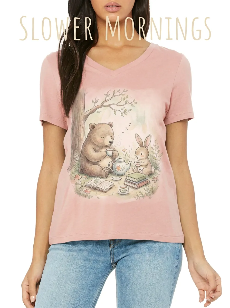 Women's Slower Mornings Bear Rabbit Tea Party Printed V-neck T-shirt