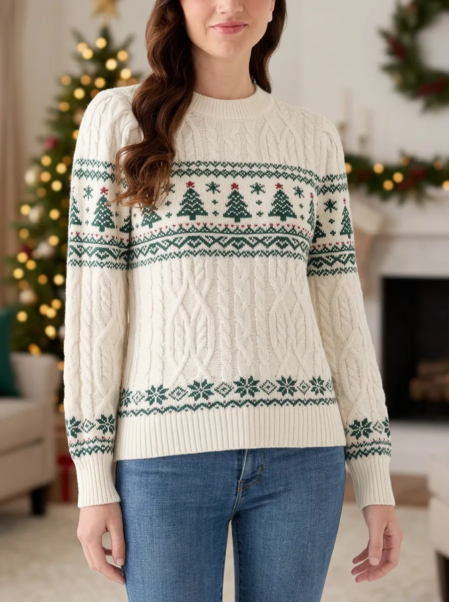 Christmas Holiday Tree Fair Isle Pattern Print Sweater