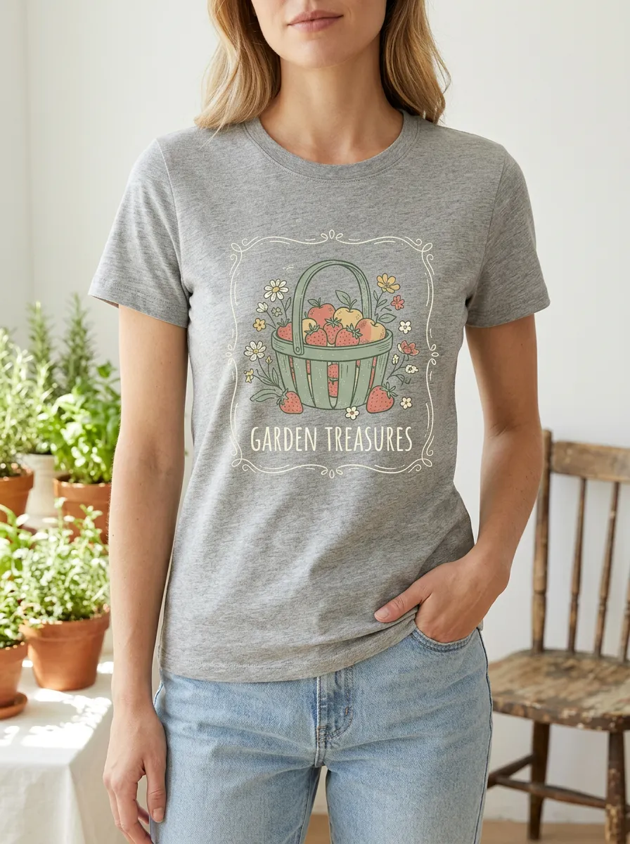 Women's Garden Lover Strawberry Basket Floral Printed T-shirt