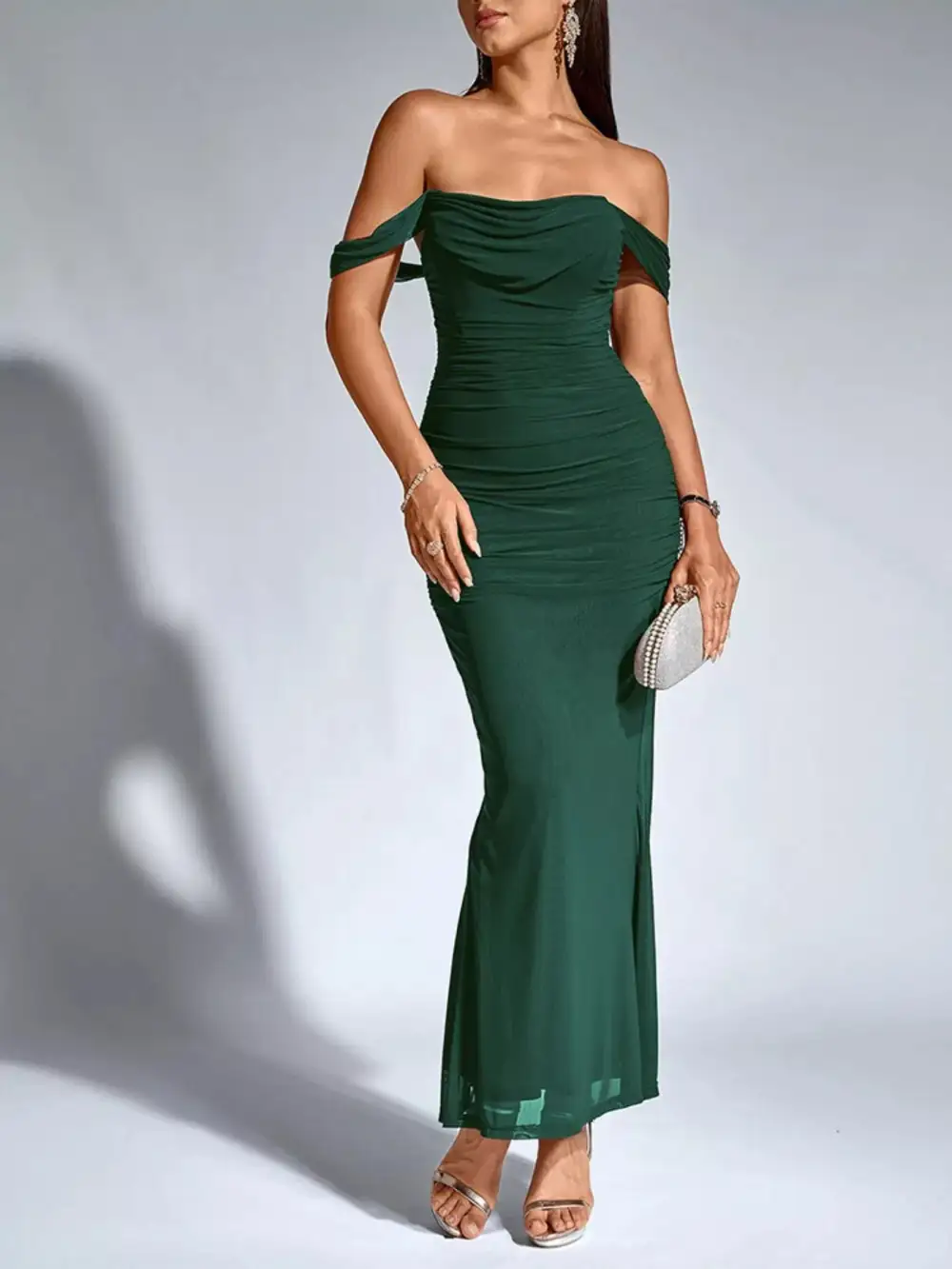 Relaxed Off Shoulder Ruched Mermaid Maxi Dress