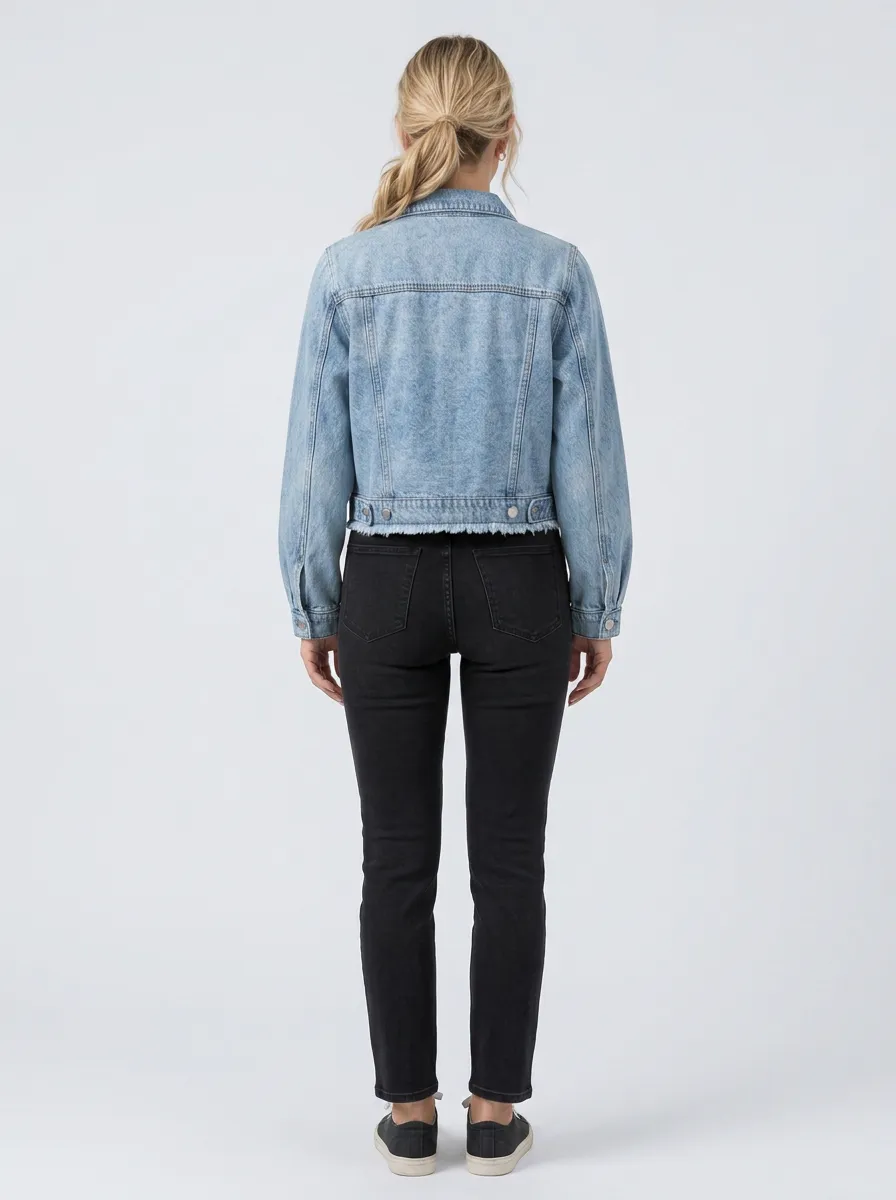 Women's Casual Vintage Light Wash Raw Hem Cropped Denim Jacket
