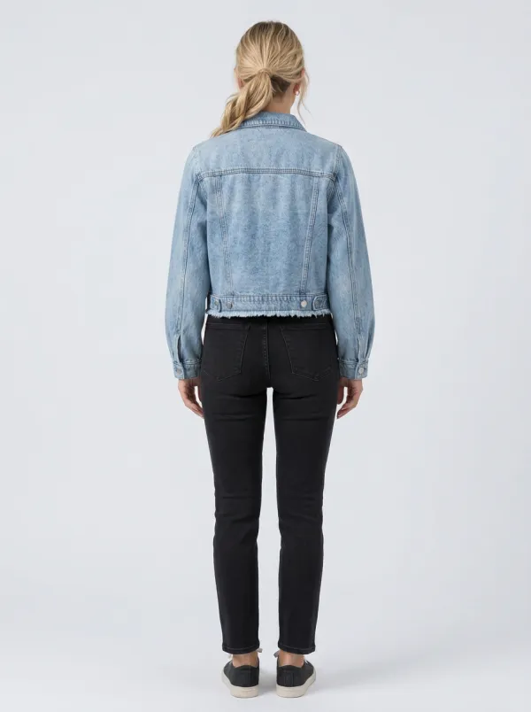 Women's Casual Vintage Light Wash Raw Hem Cropped Denim Jacket