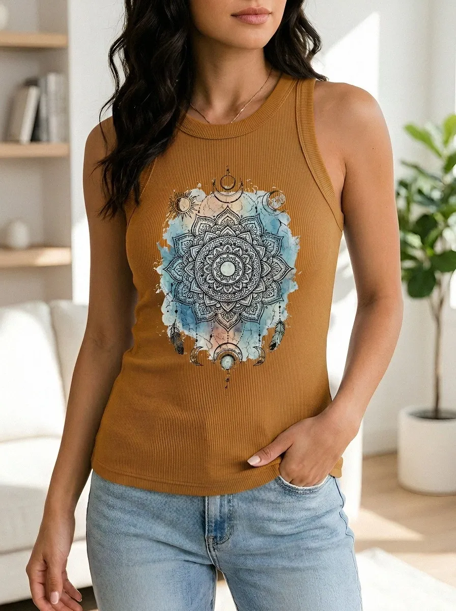 Women's Boho Mandala Celestial Printed Ribbed Tank Top