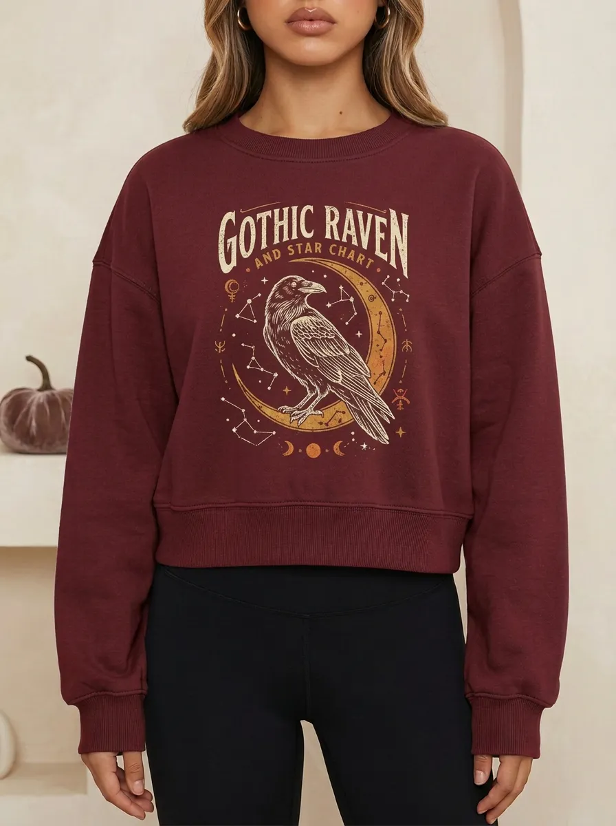 Women's Halloween Gothic Raven Star Chart Printed Sweatshirt