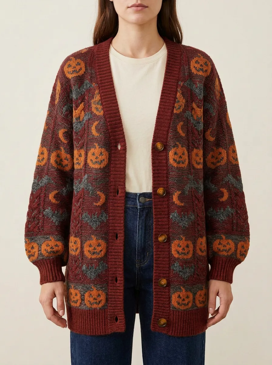 Women's Halloween Pumpkin Bat Pattern Knitted Cardigan