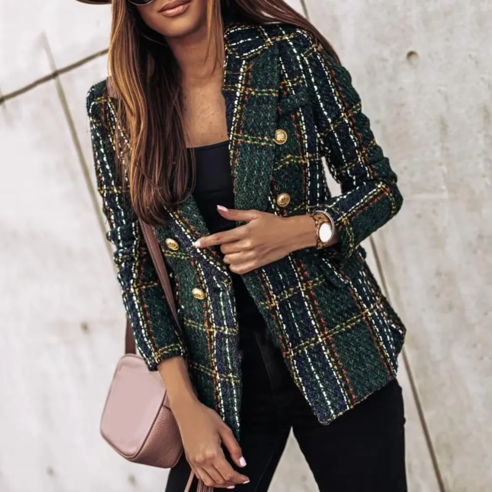 Double-Breasted Plaid Tailored Blazer