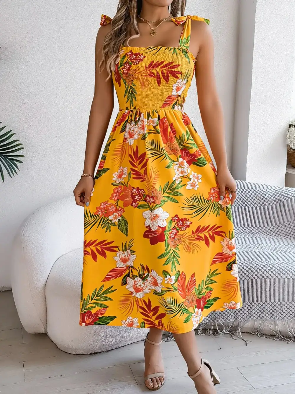 Smocked Floral Midi Dress