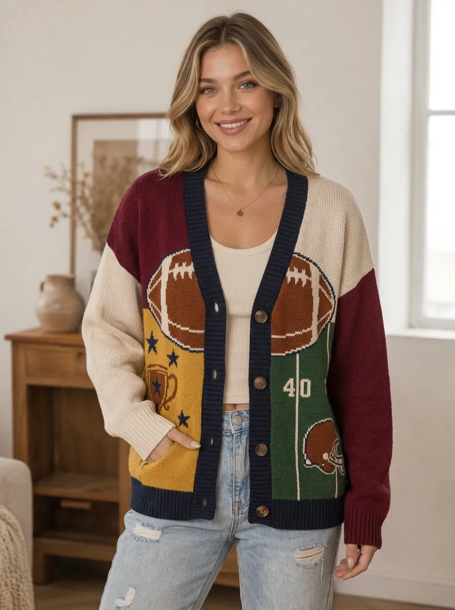 Women's Touchdown Inspired Gridiron Helmet Trophy Ball Knit Cardigan