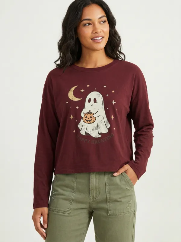 Women's Halloween Ghost Pumpkin Happy Haunting Printed Long Sleeve Top