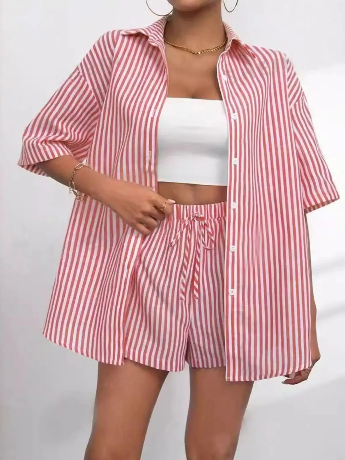 Refined Striped Shirt and Shorts Matching Set