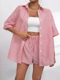 Refined Striped Shirt and Shorts Matching Set