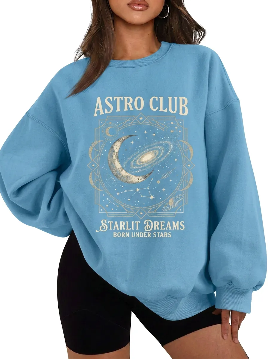 Women's Astro Club Galaxy Moon Starlit Dreams Printed T-shirt
