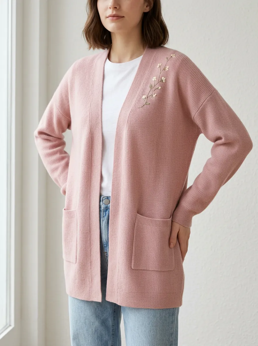 Women's Floral Lover Pink Embroidered Knitted Cardigan