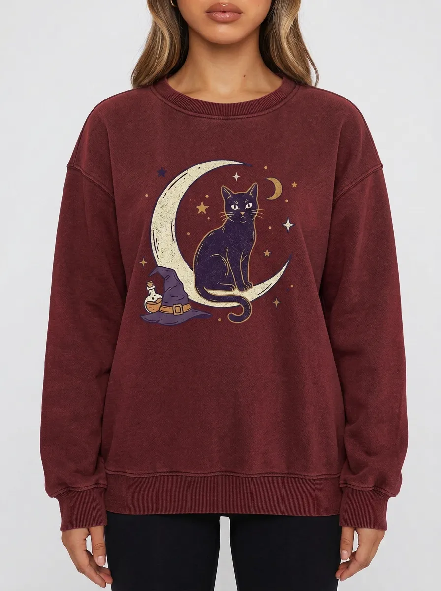 Women's Halloween Witchy Cat Moon Printed Sweatshirt