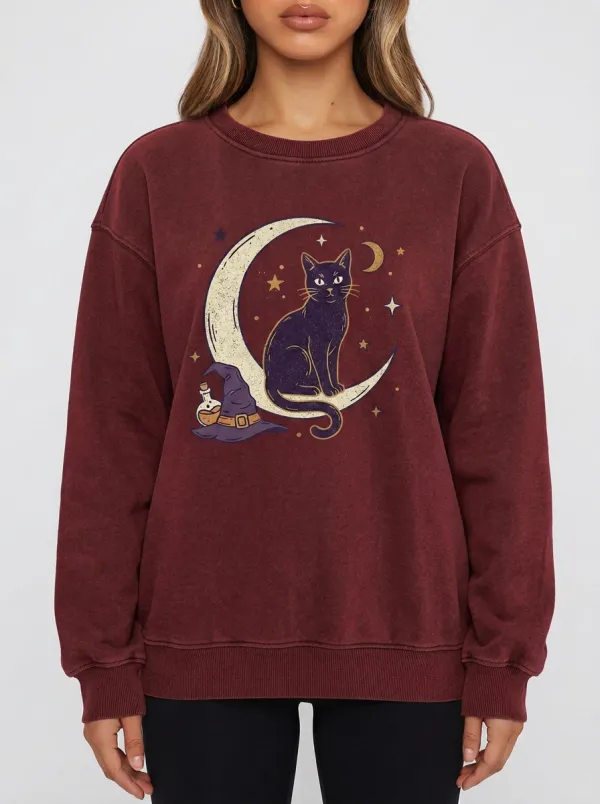 Women's Halloween Witchy Cat Moon Printed Sweatshirt