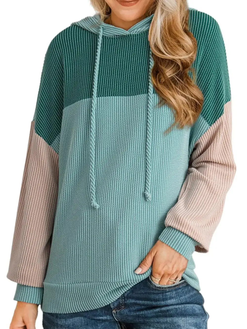 Relaxed Drawstring Long-Sleeve Colorblock Hoodie