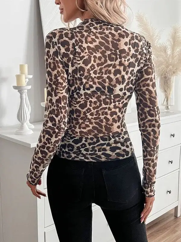 Leopard Mesh Long Sleeve Top