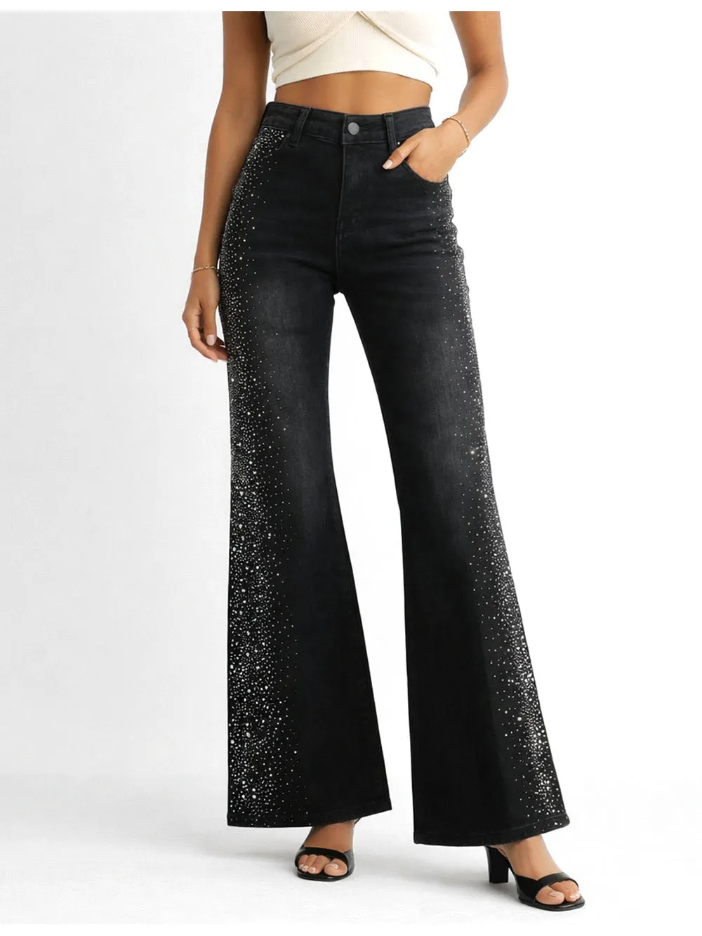 Rhinestone Stud Button Fly Flared Leg Denim Pants