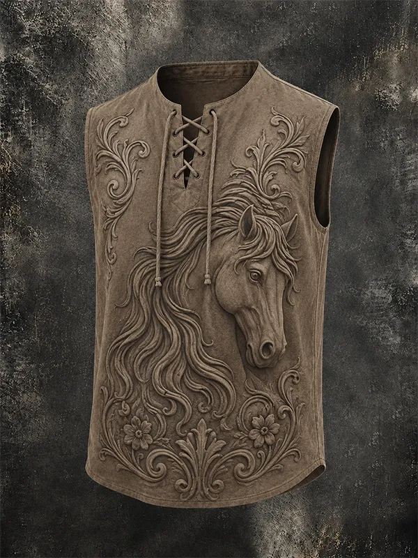 Men's Embossed Horse Floral Print Up Sleeveless Western Vest