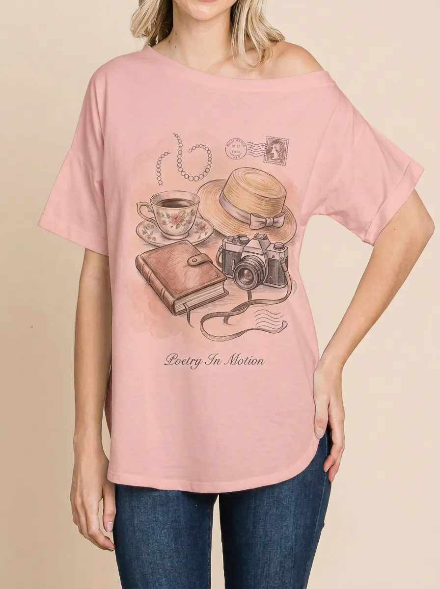 Women's Travel Hobby Poetry In Motion Camera Hat Printed T-shirt