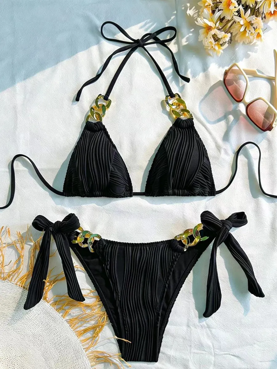 Leandra Metal-Embellished Ruched Bikini