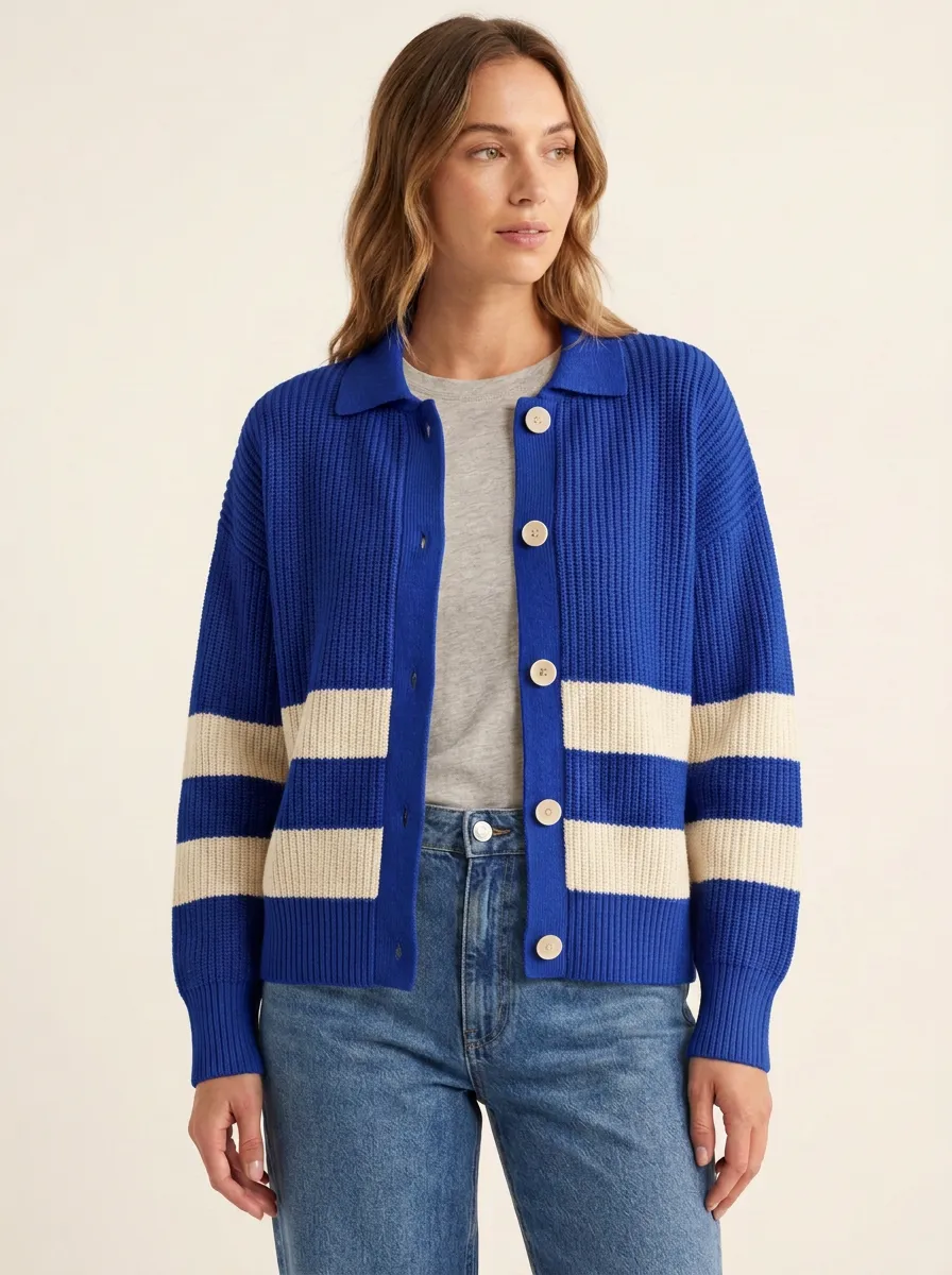 Rugby Stripe Pattern Print Knit Cardigan