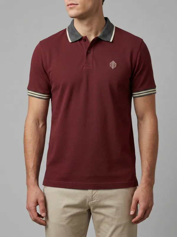Men's Knit Ribbed Textured Striped Tipped-Collar Leaf-Emblem Embroidered Polo Shirt