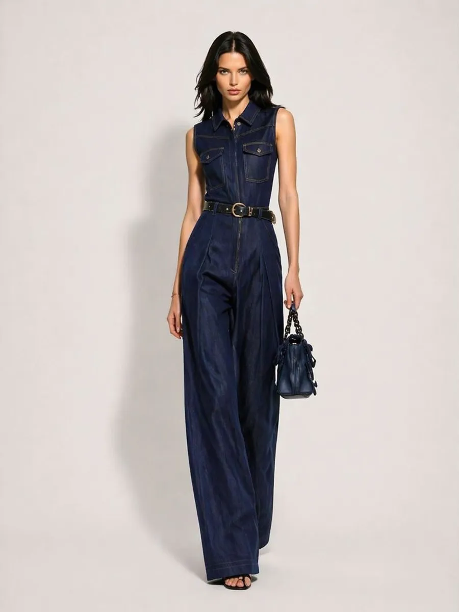 Juliette Sleeveless Collared Straight-Leg Denim Jumpsuit
