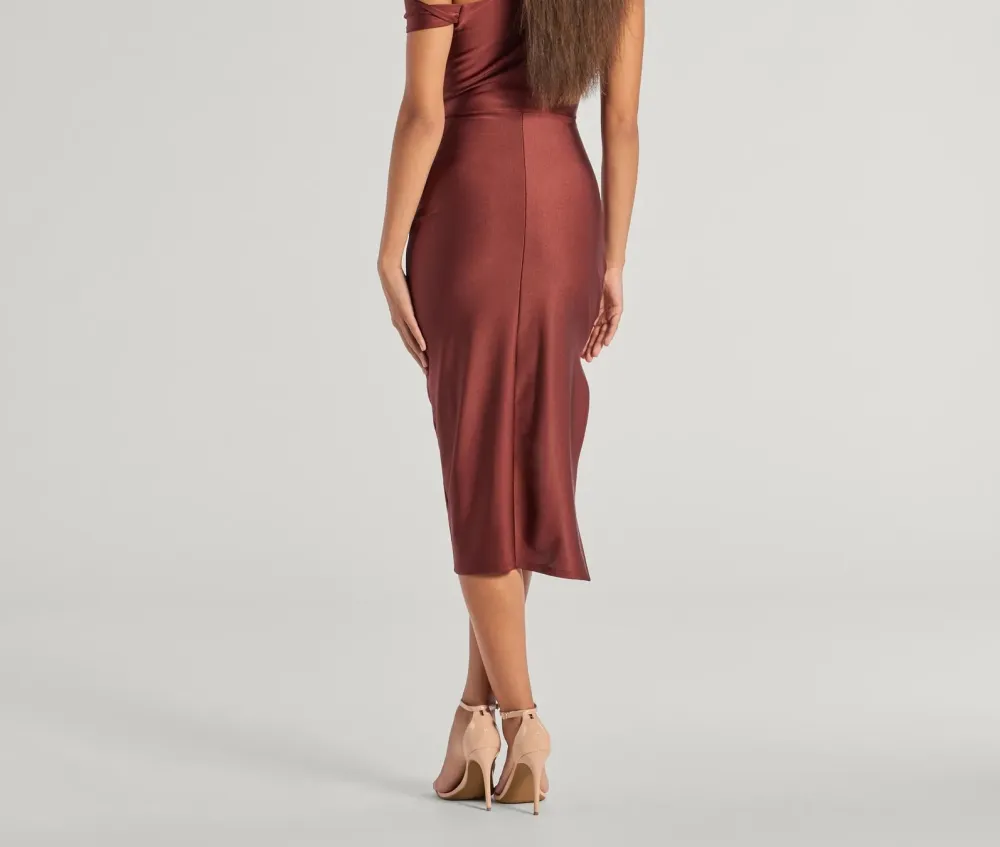 Off-Shoulder Bodycon Ruched High-Slit Midi Dress