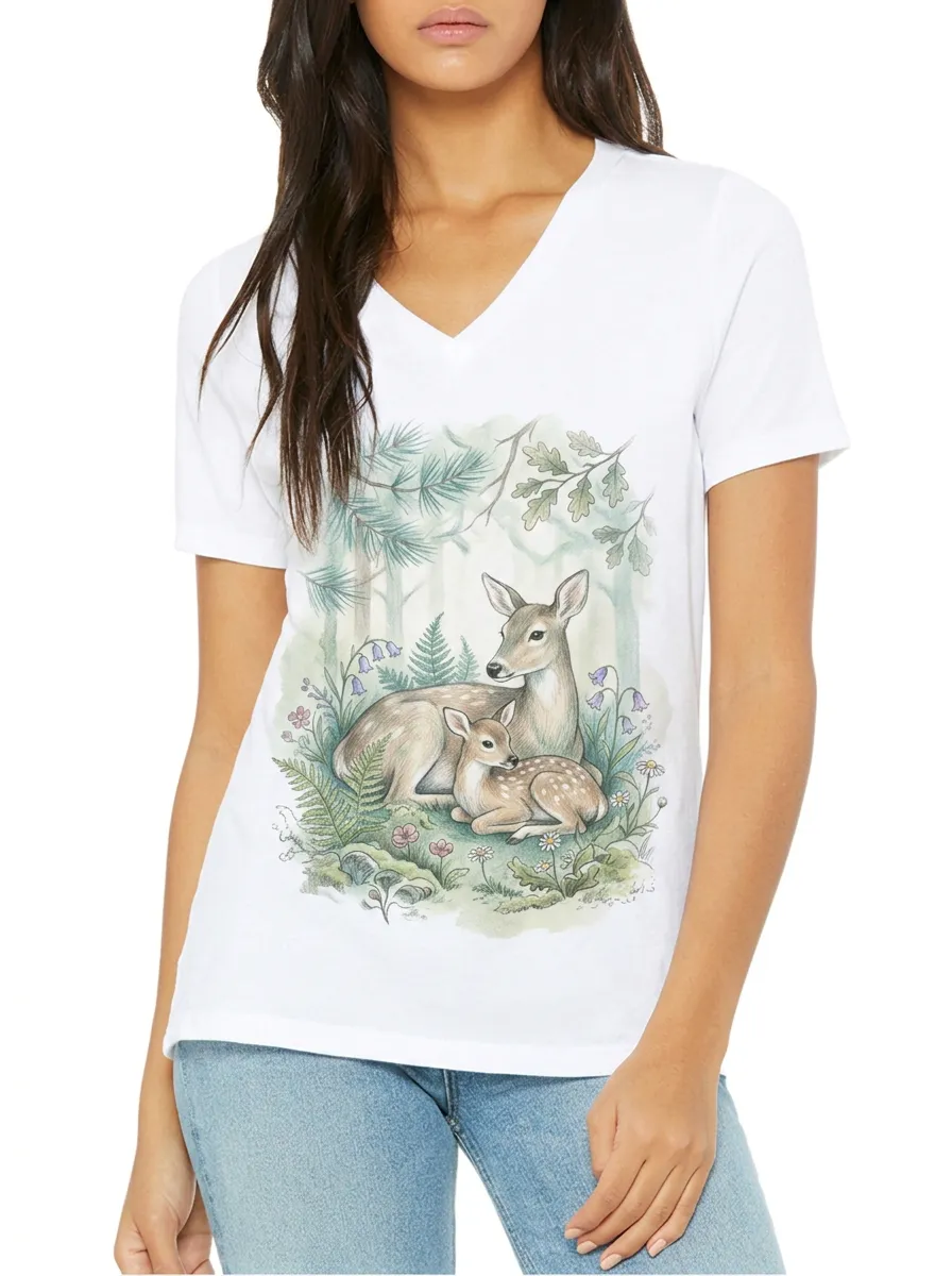 Women's Nature Lover Forest Deer Fawn Printed V-Neck T-Shirt
