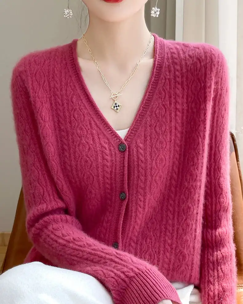 Merino-Wool Wool Button-Front V-Neck Cardigan