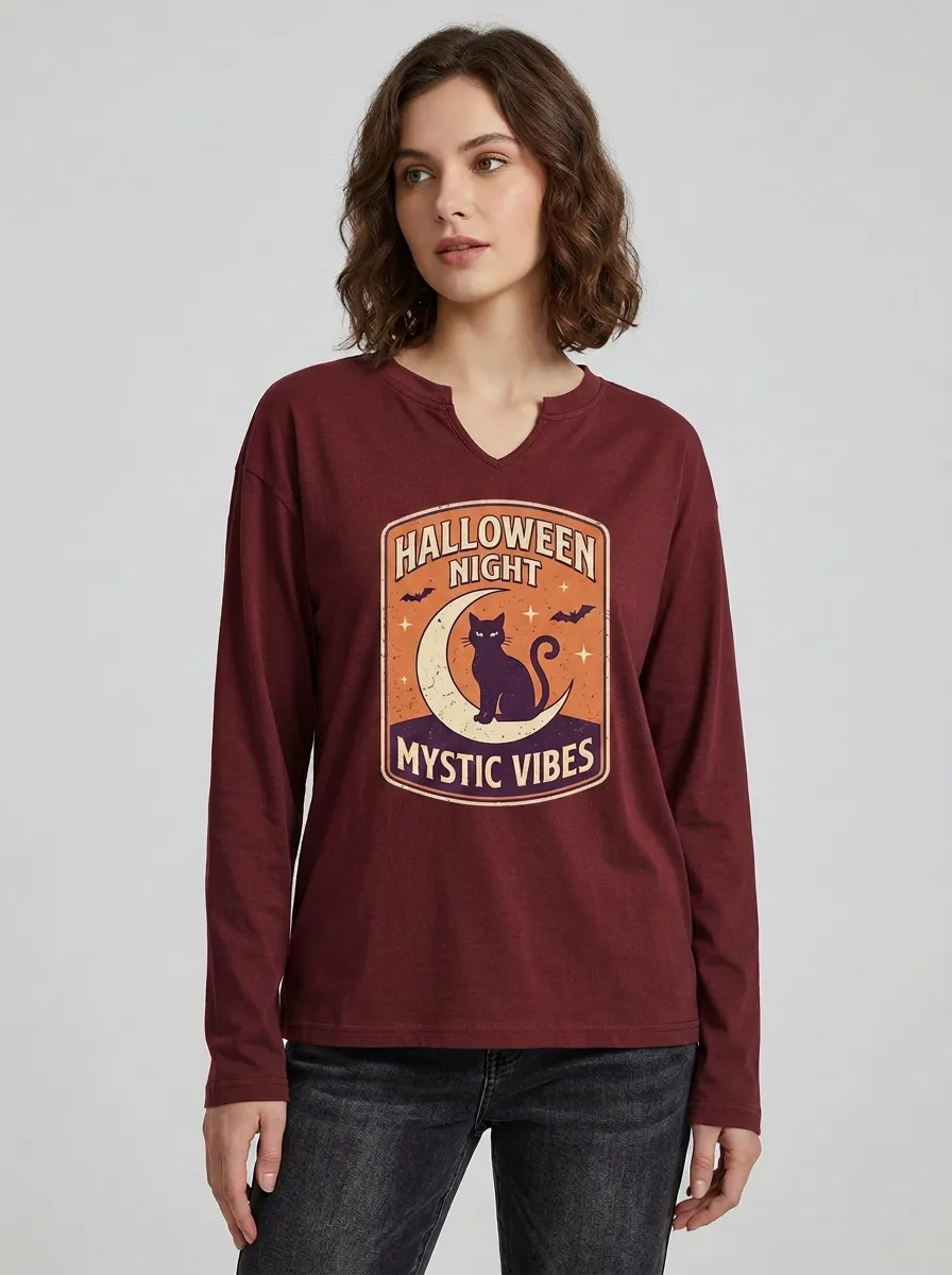 Women's Halloween Mystic Vibes Black Cat Moon Printed Long Sleeve Top