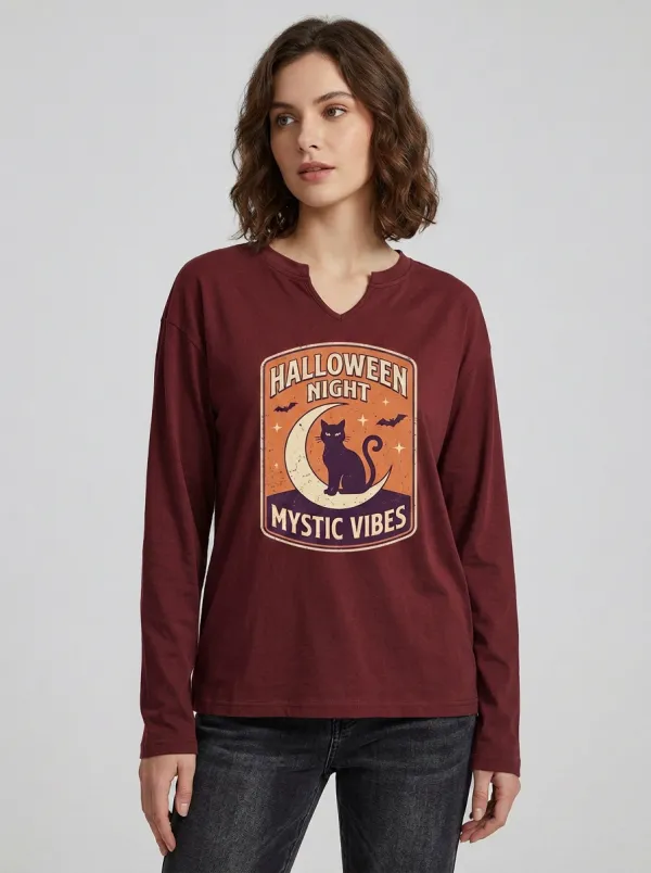 Women's Halloween Mystic Vibes Black Cat Moon Printed Long Sleeve Top