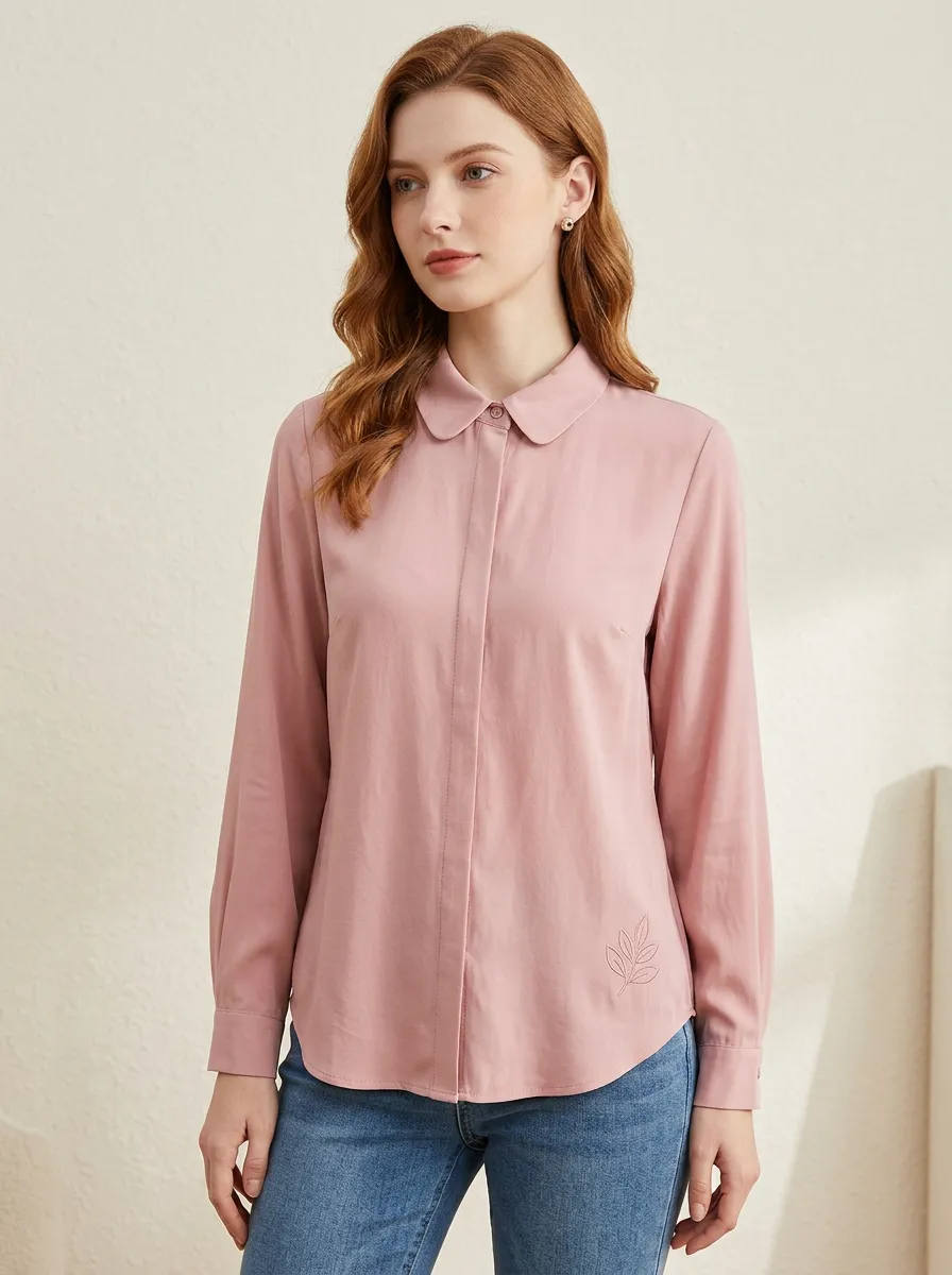 Women's Minimalist Leaf Embroidered Pink Button-Down Shirt