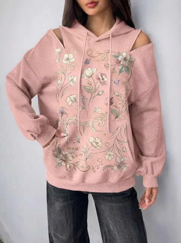 Women's Floral Botanical Art Cold Shoulder Printed Hoodie