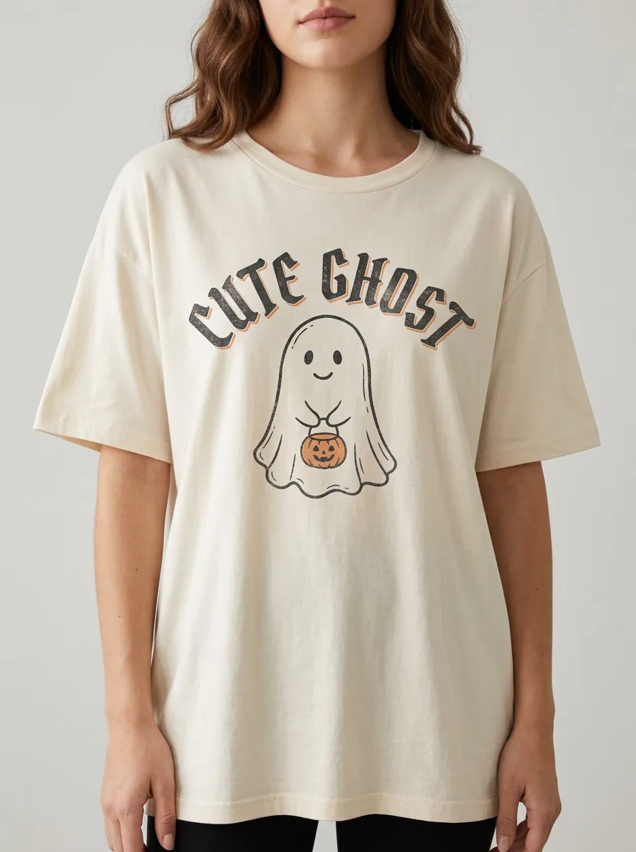 Women's Halloween Ghost Pumpkin Bucket Printed T-shirt