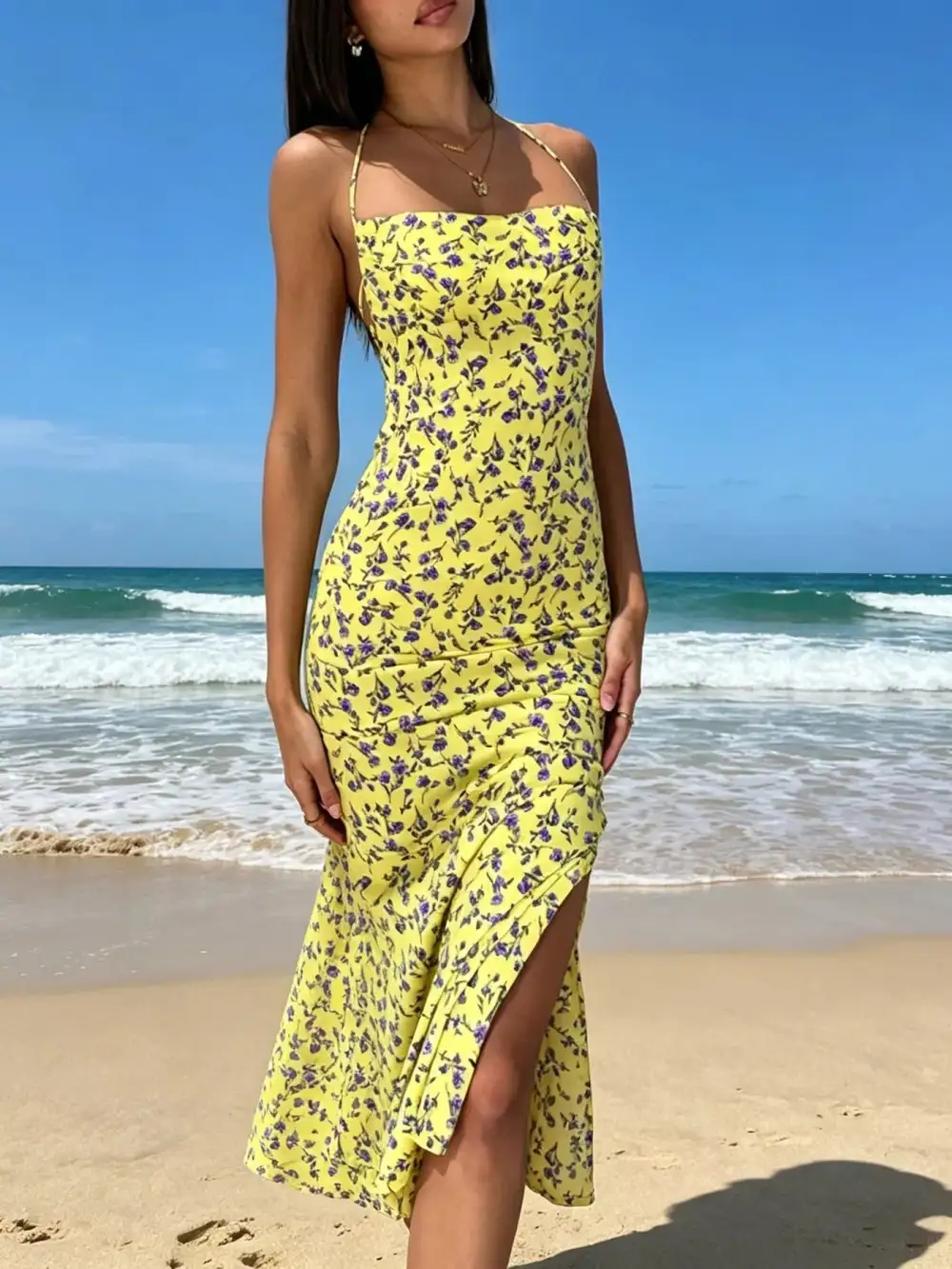 Halter Neck Backless Slit Midi Dress