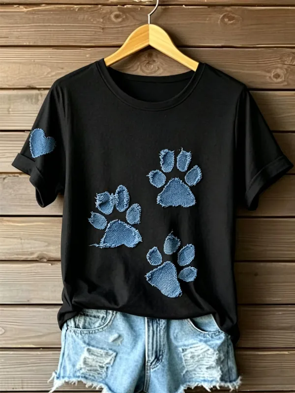 Women'S Cute Dog Art Printed Round Neck T-Shirt