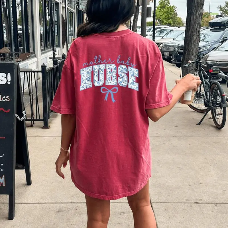 Mother Baby Nurse Coquette Blue Bow Postpartum Nurse Women's Oversized Comfort T-Shirt Back Print