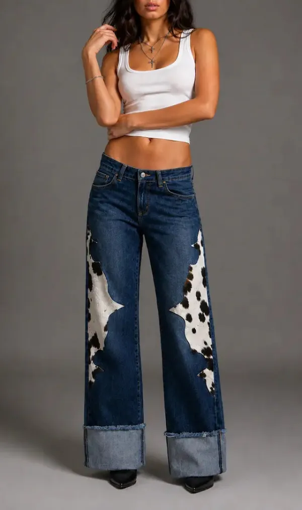 Low Rise Wide Leg Cuffed Western Style Everyday Denim Jeans