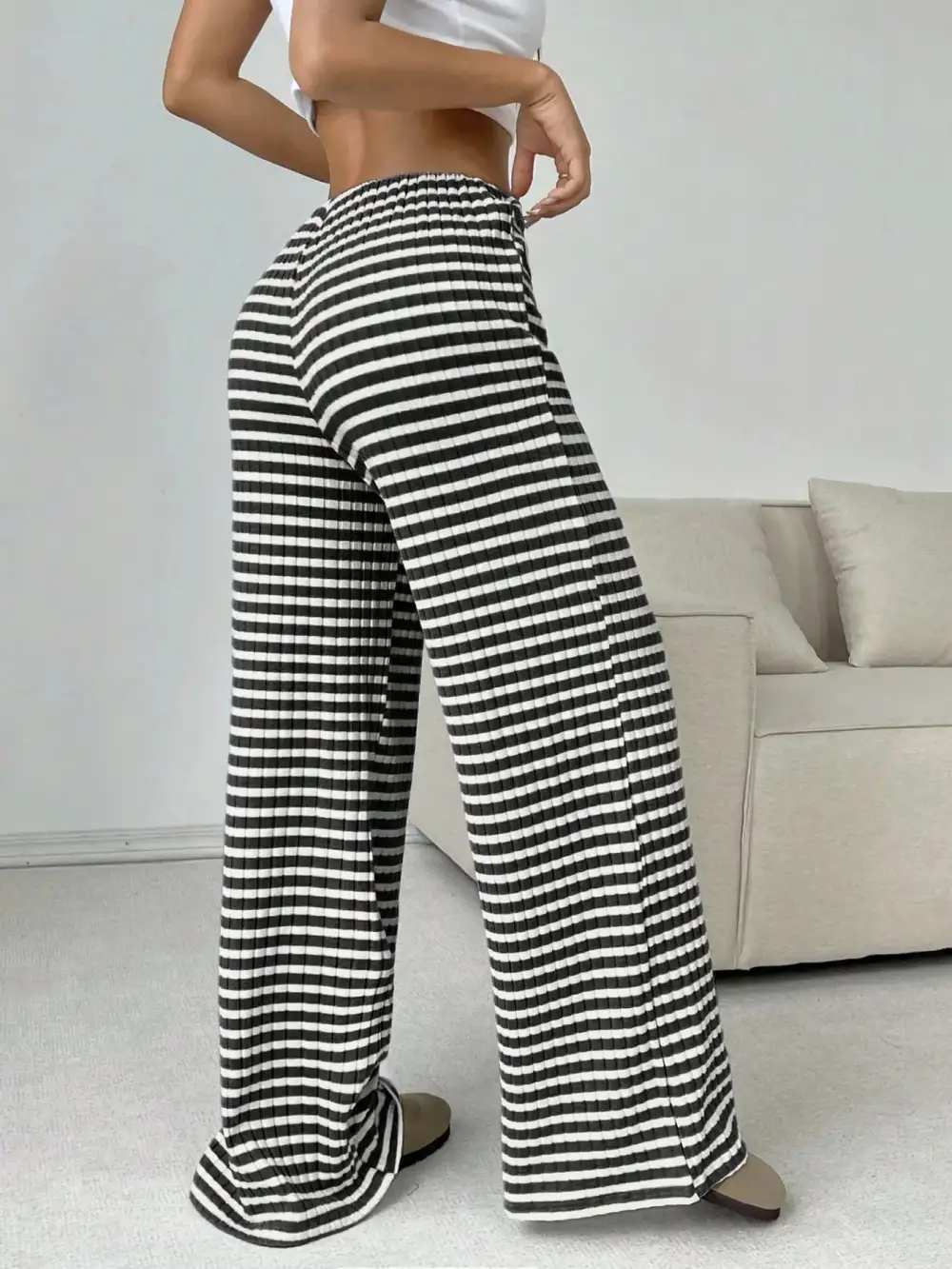 Wide Leg Drawstring Striped Casual Pants