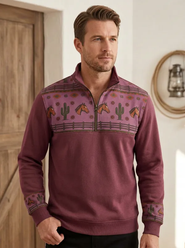 Men's Western Cowboy Horse Cactus Half-Zip Sweatshirt